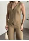 Düğme detaylı yelekli takım yeşil