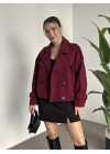 Düğmeli astarlı kısa kaşe kaban bordo