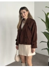 Düğmeli astarlı kısa kaşe kaban kahve