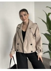 Düğmeli astarlı kısa kaşe kaban krem