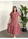 Düğmeli Belinden Kuşaklı Viskon Kumaş Elbise Kırmızı Beyaz Küçük Yapraklı