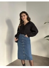 Düğmeli denim uzun etek koyu