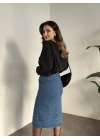Düğmeli denim uzun etek koyu