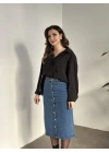 Düğmeli denim uzun etek koyu