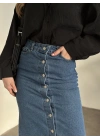 Düğmeli denim uzun etek koyu
