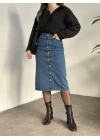 Düğmeli denim uzun etek koyu