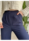 Düğmeli Bol Paça Enine Boyuna Likralı Pantolon Lacivert