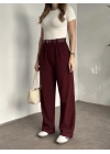 Enine boyuna likralı kemerli pantolon bordo