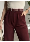 Enine boyuna likralı kemerli pantolon bordo