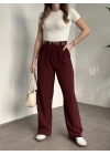 Enine boyuna likralı kemerli pantolon bordo