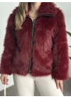 Fermuar detaylı kürk mont bordo