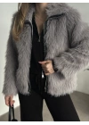 Fermuar detaylı kürk mont gri