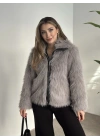 Fermuar detaylı kürk mont gri