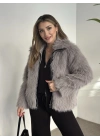 Fermuar detaylı kürk mont gri
