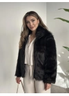 Fermuar detaylı kürk mont siyah