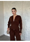 Fermuarlı Triko Hırkalı Takım kahve