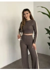Fitilli şeritli crop boy takım gri