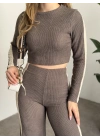 Fitilli şeritli crop boy takım gri