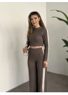 Fitilli şeritli crop boy takım gri