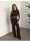 Fitilli şeritli crop boy takım kahve