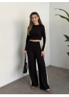 Fitilli şeritli crop boy takım siyah