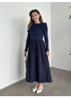 Geniş etekli önü büzgü detaylı muadil elbise lacivert