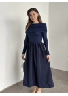 Geniş etekli önü büzgü detaylı muadil elbise lacivert