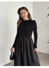 Geniş etekli önü büzgü detaylı muadil elbise siyah