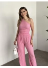 Gofre kumaş tek omuz detaylı takım pembe