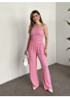 Gofre kumaş tek omuz detaylı takım pembe