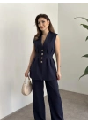 Gold düğmeli belden oturtmalı takım lacivert