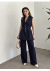 Gold düğmeli belden oturtmalı takım lacivert
