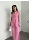 Gold düğmeli belden oturtmalı takım pembe