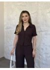 Gömlek yaka düğmeli gofre takım kahve