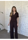Gömlek yaka düğmeli gofre takım kahve