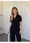 Gömlek yaka düğmeli gofre takım siyah