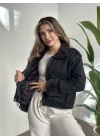 İçi ve yakası tamamen peluş kot mont siyah