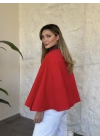 Kadife yakalı düğmeli panço kırmızı