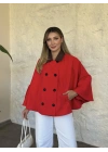 Kadife yakalı düğmeli panço kırmızı