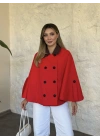 Kadife yakalı düğmeli panço kırmızı