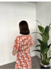 Kare Yaka Düğmeli Poplin Elbise Turuncu çiçekli
