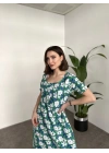 Kare Yaka Düğmeli Poplin Elbise Yeşil Çiçekli