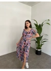 Kare Yaka Düğmeli Yırtmaç Detay Elbise Desenli
