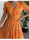 karpuz kol düğmeli v yaka nokta desenli Elbise Turuncu