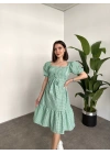 Karpuz Kol Gipeli Kareli Kuşaklı Midi Elbise Yeşil