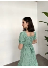 Karpuz Kol Gipeli Kareli Kuşaklı Midi Elbise Yeşil