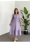 Karpuz Kol Gipeli Pamuklu Viskon Kumaş Elbise Lila Papatyali