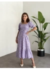 Karpuz Kol Gipeli Pamuklu Viskon Kumaş Elbise Lila Papatyali