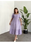 Karpuz Kol Gipeli Pamuklu Viskon Kumaş Elbise Lila Papatyali