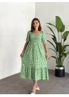 Karpuz Kol Gipeli Pamuklu Viskon Kumaş Elbise Yeşil Papatyali